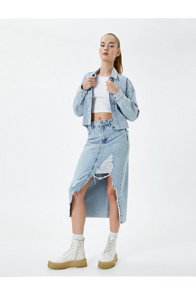 Koton Midi Denim Skirt Ripped Slit Detailed Standard Waist Pocket Cotton
