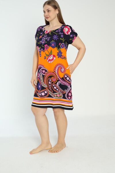 İntensive Women's Large Size Combed Cotton Modal Dress Pocketed Short Sleeve