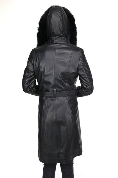 EGE DERİ 100% Genuine Lambskin Furry Hooded Women's Black Top Coat