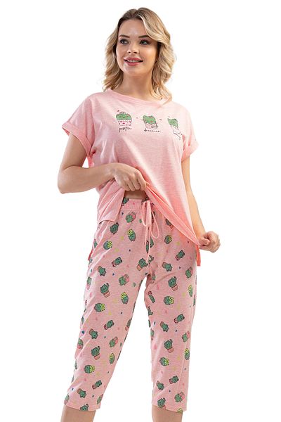 VİENETTA Off Shoulder Double Short Sleeve Slit Capri Pajamas Set 
 , 110174