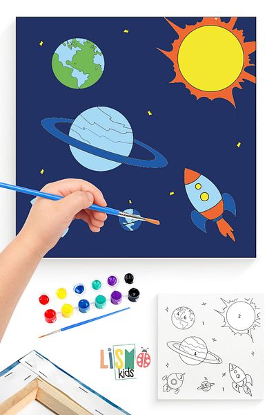 lismo kids 20x20 Cm Space And Planets Painting By Numbers Children's Hobby Activity Set Canvas Brush Paint Included