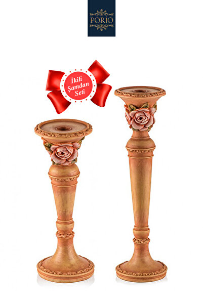 Porio 2’li 35cmx10cm 26cmx10cm Çiçekli Somon Rengi Dekoratif Ayaklı Mumluk Şa...