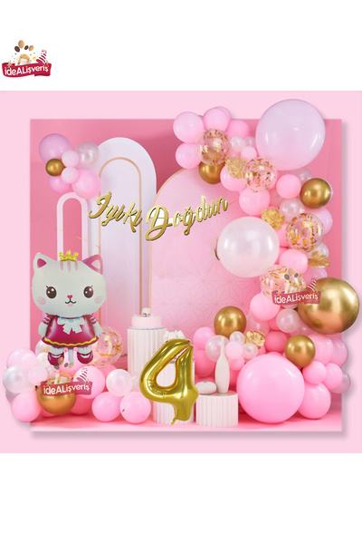 Bkmc Taçlı Kedi 4 Yaş Folyo Balonlu Gold Pembe Konsept Doğum Günü Parti Seti