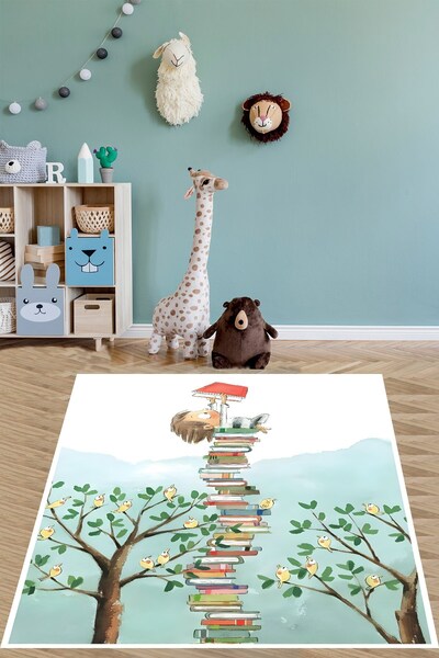 Pelangi Doğada Kitap Okuyan Çocuk Temalı Yıkanabilir Kaymaz Taban Leke Tutmaz...