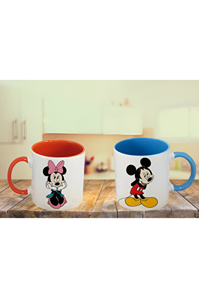 GünayStore MİNNİE & MİCKEY MOUSE BASKILI İÇİ VE KULBU RENKLİ SEVGİLİ KUPA SET