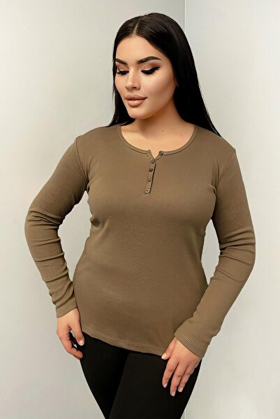 Siyezen Βαμβακερή μπλούζα μεγάλου μεγέθους με λεπτομέρεια κουμπιών, βιζόν