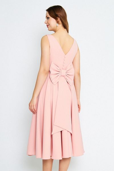 Bidoluelbise Women's Back Bow Ornamental Buttoned V-Neck Pleated Midi Flared Powder Evening Dress