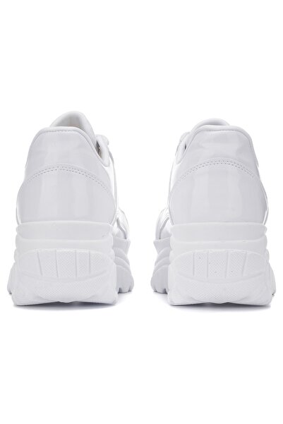 İmerShoes Günlük Kadın Beyaz Rugan Spor Ayakkabı Bağcıklı Kalın Hafif Yüksek Taban Sneaker 001
