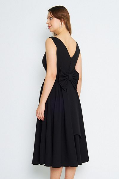 Bidoluelbise Women's Back Bow Ornamental Buttoned V-Neck Pleated Midi Flared Black Evening Dress