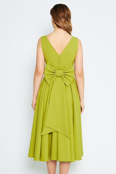 Bidoluelbise Women's Back Bow Ornamental Buttoned V-Neck Pleated Midi Flared Pistachio Green Evening Dress