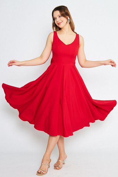 Bidoluelbise Women's Back Bow Ornamental Buttoned V-Neck Pleated Midi Flared Red Evening Dress