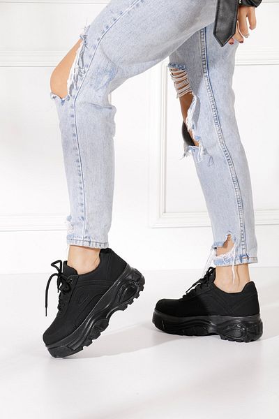İmerShoes Pantofi sport negri pentru femei, cu șireturi, groase, ușoare, cu talpă înaltă de 6 cm