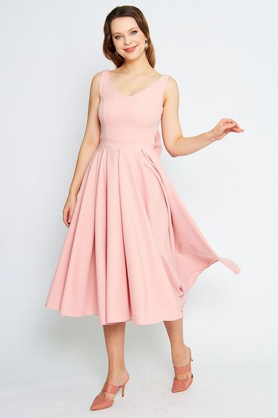 Bidoluelbise Women's Back Bow Ornamental Buttoned V-Neck Pleated Midi Flared Powder Evening Dress