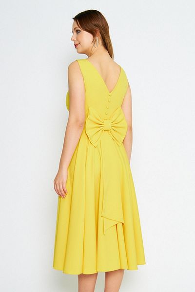 Bidoluelbise Women's Back Bow Ornamental Buttoned V-Neck Pleated Midi Flared Yellow Evening Dress