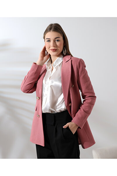 Female Clothing Pembe Astarlı Sahte Cepli Tüvit Blazer Ceket