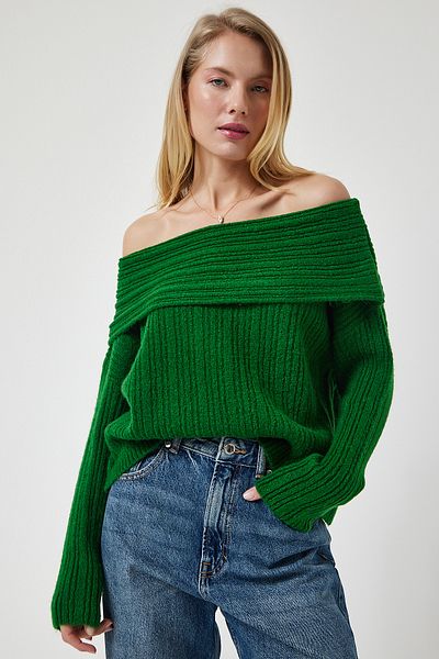Happiness İstanbul Dunkelgrüner Damen-Strickpullover mit Madonna-Kragen PF00049