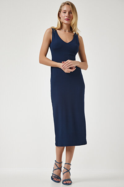 Happiness İstanbul Női sötétkék pántos V-nyakú bordás kötött ruha MC00261