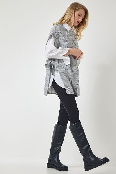 Happiness İstanbul Pulover oversize tricotat cu cravată gri de damă YG00104