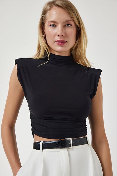 Happiness İstanbul Women's Black Stand Collar Gathered Crop Knitted Blouse CI00101