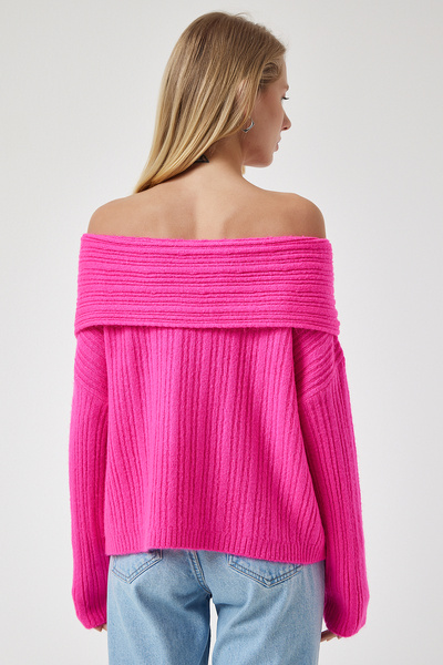 Happiness İstanbul Fuchsiafarbener Strickpullover mit Madonna-Kragen für Damen PF00049