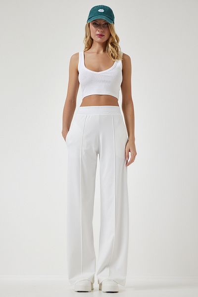 Happiness İstanbul Pantaloni de sport elastici albi cu talie înaltă de damă BF00030