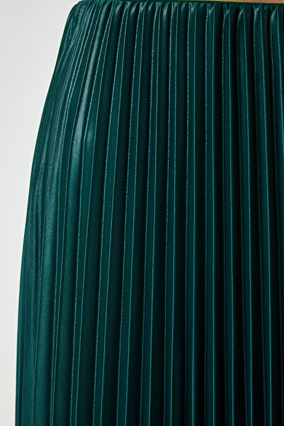 Happiness İstanbul Női smaragdzöld fényes felületű redőzött kötött szoknya LJ00002