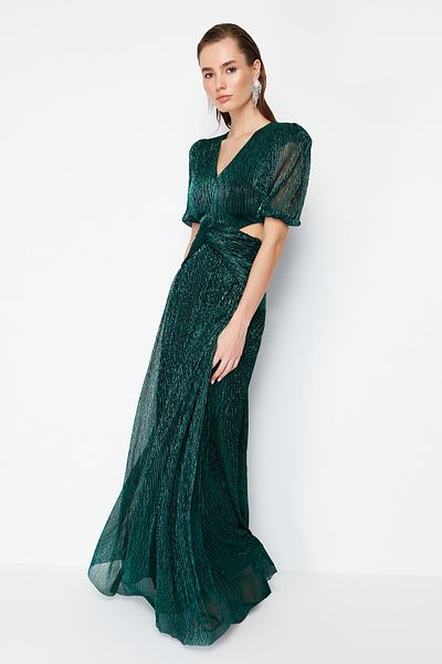Trendyol Collection Detail zeleného okna Třpytivé večerní pletené šaty ve střihu A - TPRSS24AE00014