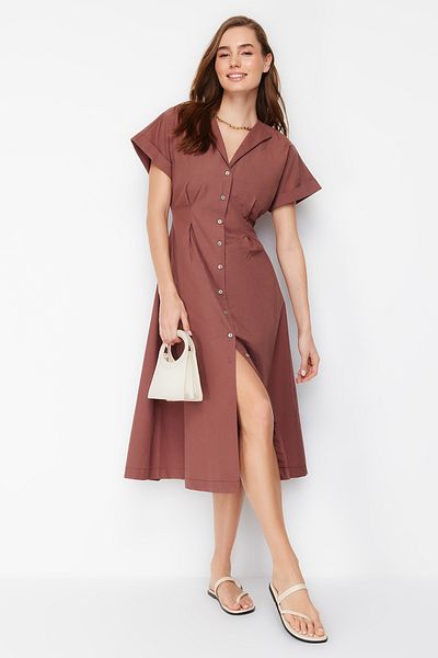 Trendyol Collection Кафява рокля с миди тъкана риза с талия TWOSS24EL00052