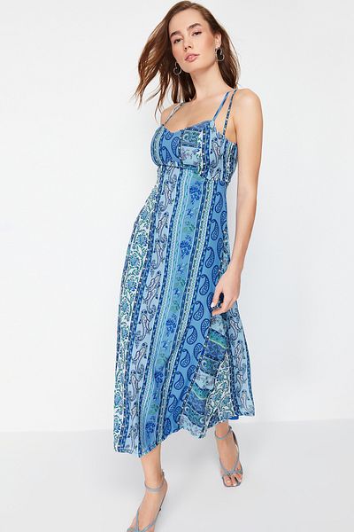 Trendyol Collection Blue Patterned Patterned A-Cut Strap Midi Lined Woven Dress TWOSS23EL00989