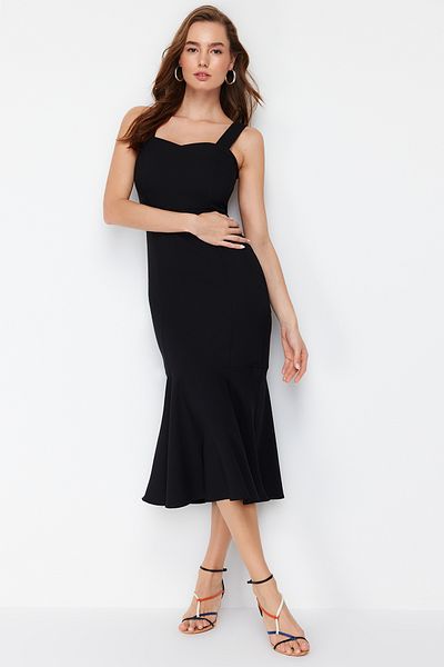Trendyol Collection Černá sukně volánka s páskem Midi tkané šaty TWOSS24EL00508