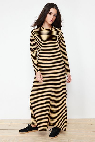 Trendyol Modest Beige Knitted Striped Dress - Shoulder Button Detail TCTSS23EB00291