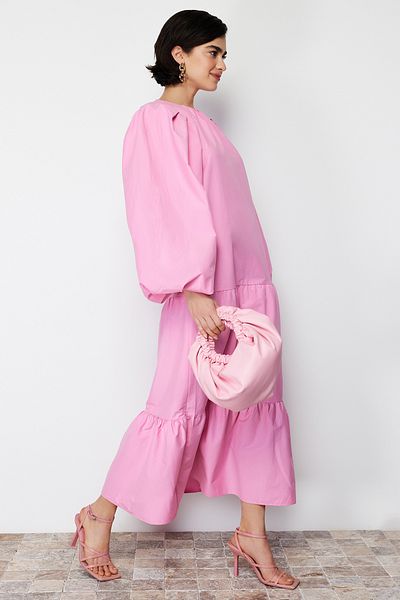 Trendyol Modest Fustă roz cu mâneci cu balon Rochie țesută din bumbac stratificat TCTSS24EB00070