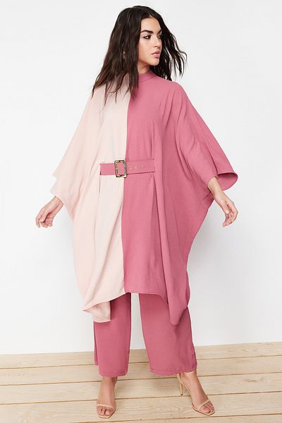 Trendyol Modest Szárított rózsa színű blokkolt derék, öves tunika-nadrág szőtt öltöny TCTSS23US00046