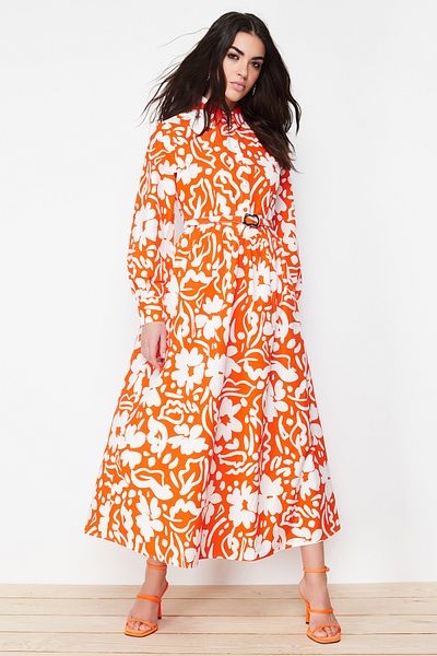 Trendyol Modest Piros virágmintás öves ingruha TCTSS24EB00004