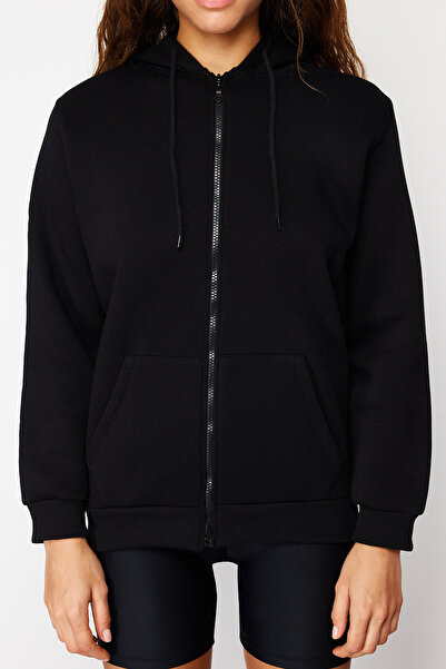 Trendyol Collection Silná fleecová vnitřní černá mikina oversize s kapucí – na zip TWOAW21SW0840