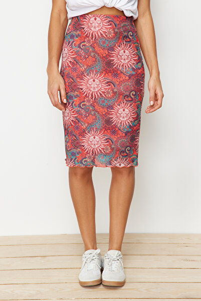 Trendyol Collection Prémium narancssárga nyomott tüll magas derekú bélelt Midi kötött szoknya TWOSS23ET00206