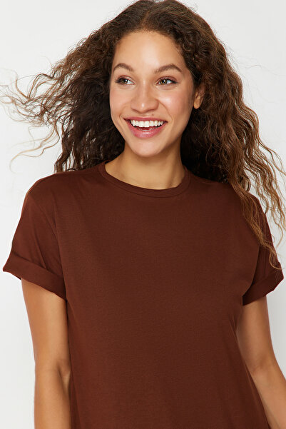 Trendyol Collection Πλεκτό μπλουζάκι Crew Neck Oversize Καφέ Πλεκτό - 100% Βαμβάκι TWOSS20TS0134