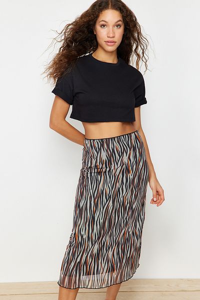 Trendyol Collection Barna elasztikus deréknyomott Midi hosszúságú bélelt tüll kötött szoknya TWOAW24ET00006