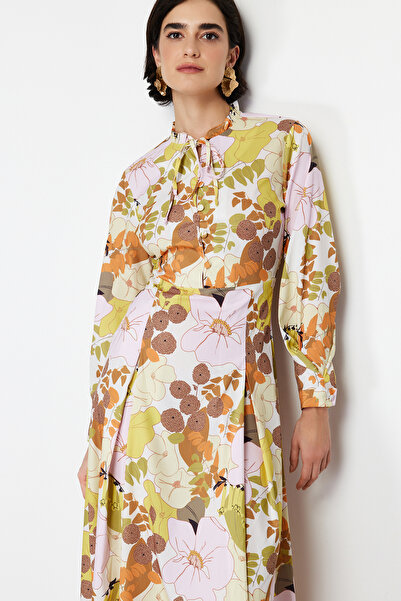Trendyol Modest Κίτρινο φλοράλ μοτίβο βαμβακερό φόρεμα με φούστα με φούστα TCTSS24EB00148