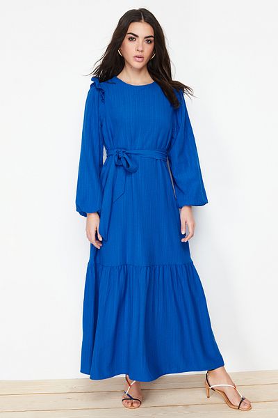 Trendyol Modest Modrá sukně s volánkem přes ramena Podšívané viskózové smíšené tkané šaty TCTSS23EB00290