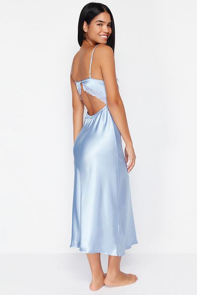 Trendyol Collection Satin gewebt - Hellblaues Nachthemd aus Spitze mit Kordelriemen und Rückendetail THMSS24GC00003