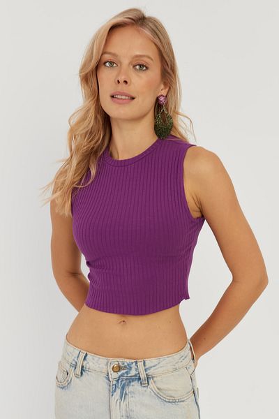 Cool & Sexy Woman's Purple Ribbed Crop Blouse LPP1262