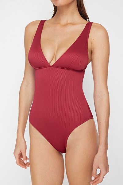 Trendyol Collection Claret Red V-Neck Textured Regular Swimsuit TBESS24MA00056