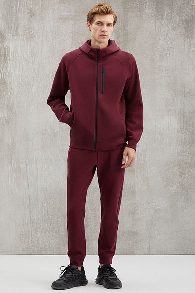 GRIMELANGE Robert Men's Slim Fit Claret Red Double Plug - Waterproof, Pocket Zip Hoodie Set