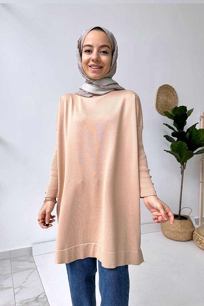 Ka Hijab Sleeve Detail Mercerized Tunic - Milk Brown