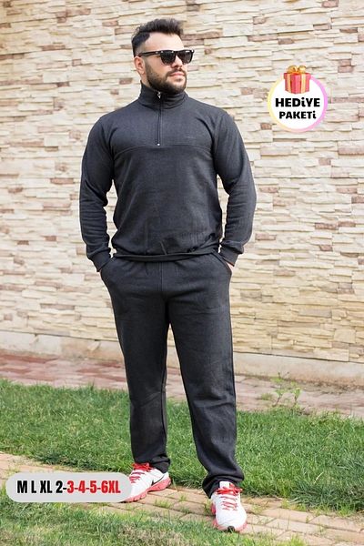 Azıcık Akıllı Anthracite King Size Large - Σετ ανδρικής φόρμας με μισό φερμουάρ κανονικού μεγέθους 21eestyakt
