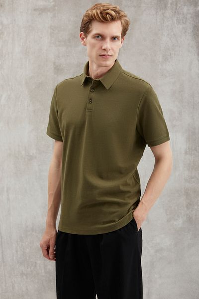 GRIMELANGE Pánské tričko Eddie Slim Fit 100% bavlna Khaki Polo Neck