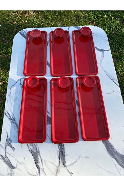 Aslı Hediyelik 2 Model 6-Piece Red Baton Tray and 6-Piece Red Macaron Bowl, Coffee and Pastry Serving Presentation Tray