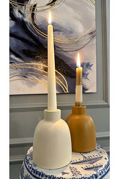 AstreHome Seramik Dekoratif 2'li Set Şamdan Mumluk- Krem Ve Toprak Sarı