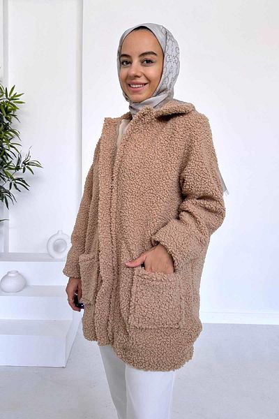 Ka Hijab Lined Double Pocket Plush Hijab Coat - Camel